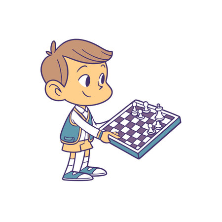 Cartoon boy holding a chess board mid game playのイラスト素材