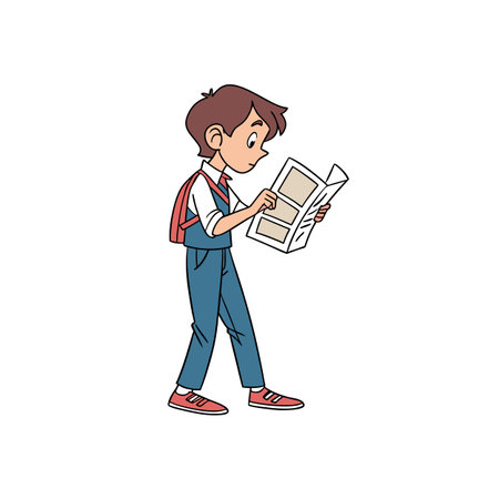 Cartoon schoolboy reading newspaper while walking forward illustrationのイラスト素材