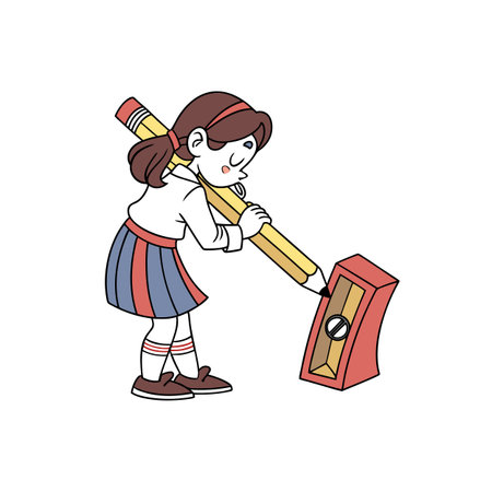 Girl Sharpening Giant Pencil in School Uniform Cartoon Styleのイラスト素材