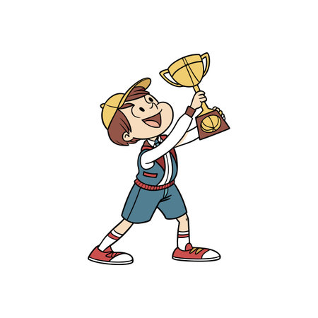 Celebrating Victory Cartoon Boy Raising Golden Trophy Illustrationのイラスト素材