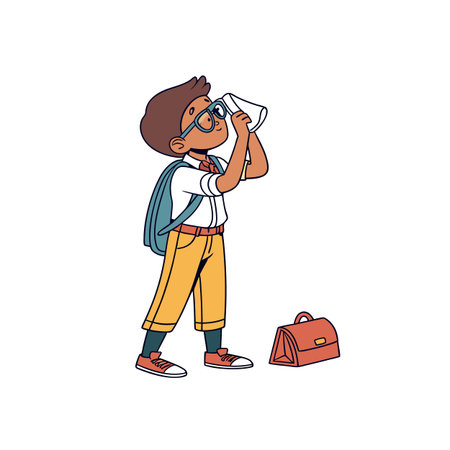 Cartoon schoolboy observing with paper cup binoculars vector illustrationのイラスト素材