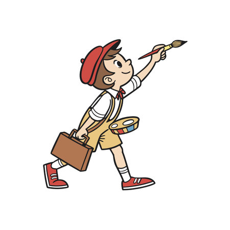 Cartoon artist boy with paintbrush and paints illustrationのイラスト素材