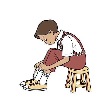 Cartoon boy ties shoelaces while seated on wooden stoolのイラスト素材
