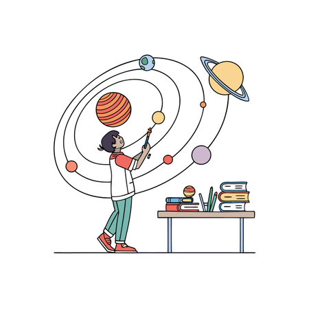 Boy with Solar System Model Learning About Astronomyのイラスト素材