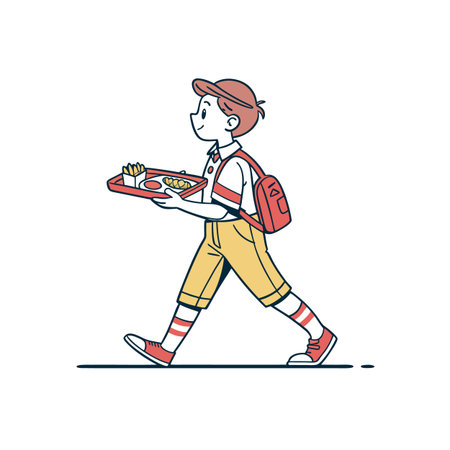 Cartoon boy carrying fast food tray walking on white backgroundのイラスト素材