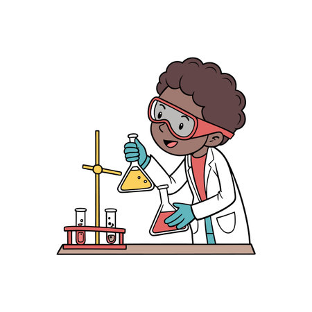 Boy Scientist Cartoon Character Conducting Experiments in Laboratoryのイラスト素材