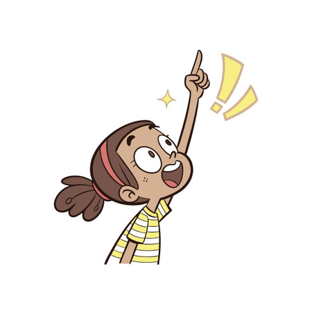 Excited girl pointing upward cartoon style with exclamation markのイラスト素材