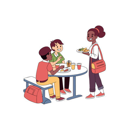 Three students at school cafeteria, eating food, talking cheerfullyのイラスト素材
