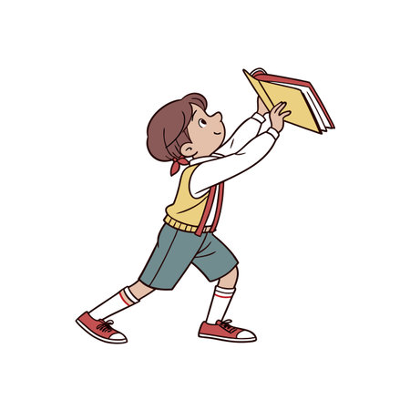 Boy reading large open book with joyful expressionのイラスト素材