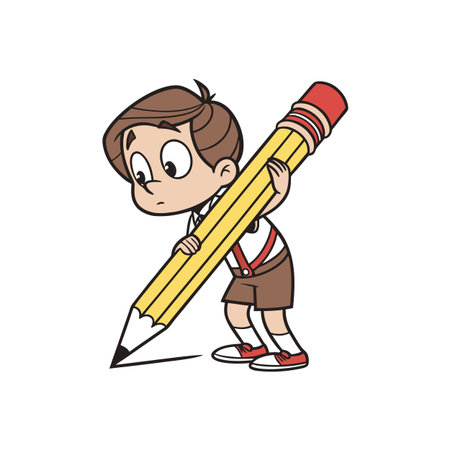 Boy drawing with giant pencil cartoon vector illustration imageのイラスト素材