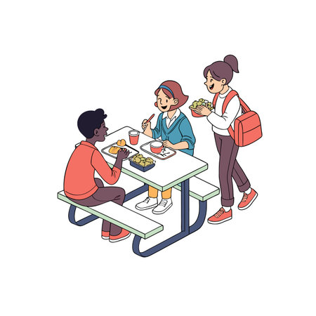 Cartoon students at lunch table in school cafeteria sceneのイラスト素材