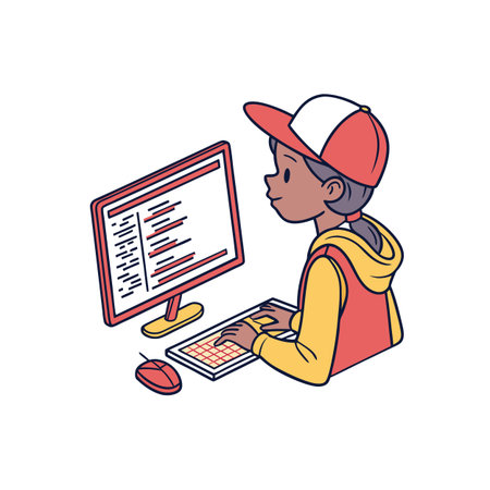 Young woman coding at computer, cartoon vector illustrationのイラスト素材