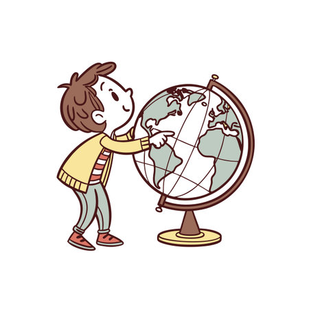 Cartoon boy explores the world using a globe illustrationのイラスト素材