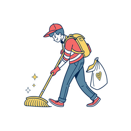 Cartoon Janitor Sweeping Floor with Backpack and Heart Bagのイラスト素材