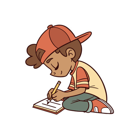 Cartoon boy writing in notebook with pencil illustration styleのイラスト素材