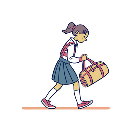 Schoolgirl carrying bag walks with purposeful stride illustrationのイラスト素材