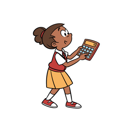 Cartoon girl calculating with calculator in school uniform illustrationのイラスト素材
