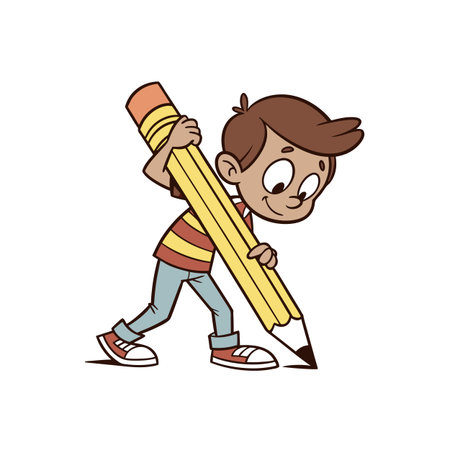 Cartoon boy drawing with oversized pencil vector illustrationのイラスト素材