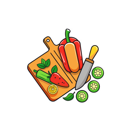 Fresh vegetables and fruit illustration on the kitchen boardのイラスト素材