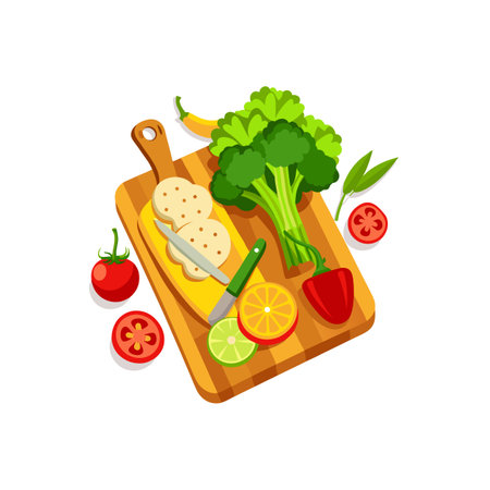 Fresh vegetables and fruit arrangement on a cutting boardのイラスト素材