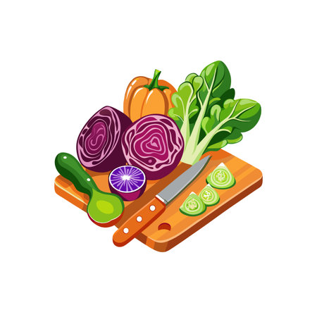 Fresh vegetables arranged on a wooden chopping board imageのイラスト素材