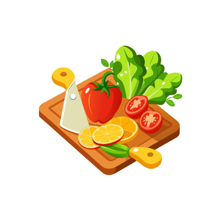 Isometric chopping board with fresh vegetables and fruits still lifeのイラスト素材