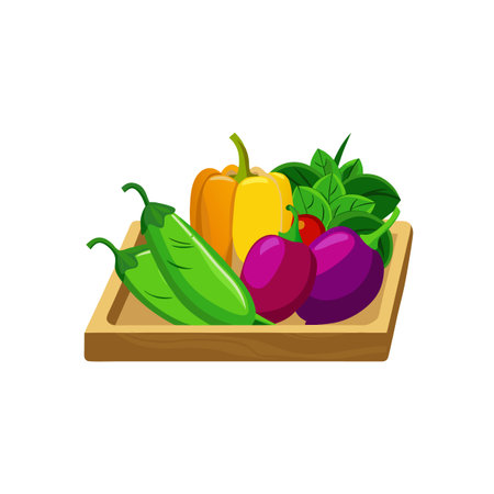 Fresh vegetables assortment on wooden tray graphic illustration imageのイラスト素材