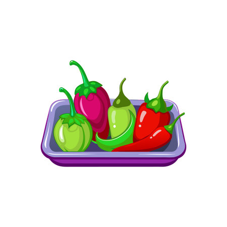 Cartoon peppers in a violet tray isolated on whiteのイラスト素材