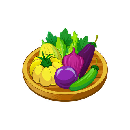 Vibrant cartoon vegetables on wooden plate for healthy eatingのイラスト素材