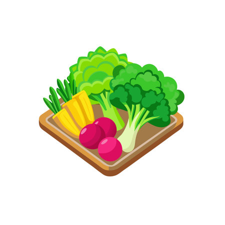 Colorful vegetable platter with broccoli, radishes, and bell peppersのイラスト素材