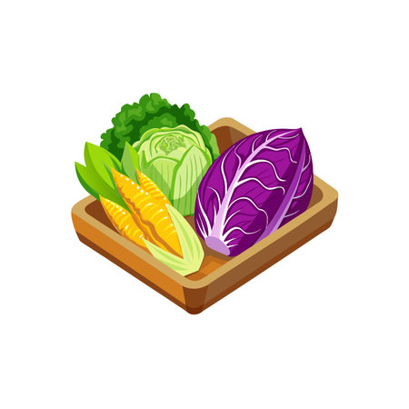 Variety of fresh vegetables in a wooden serving trayのイラスト素材