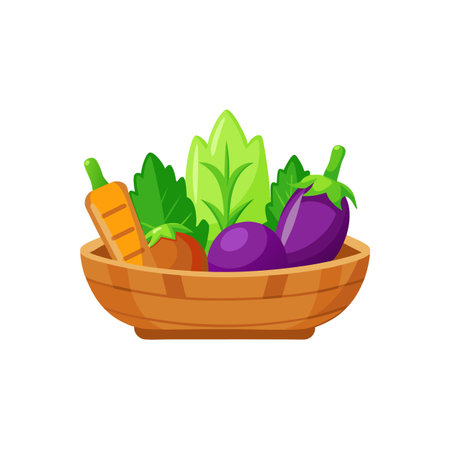 Fresh vegetables in a wooden bowl on a white backgroundのイラスト素材