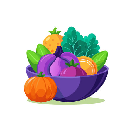 Stylized bowl of fruits and vegetables in cartoon styleのイラスト素材