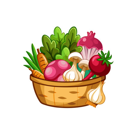 Basket overflowing with colorful fresh garden vegetables cartoon illustrationのイラスト素材