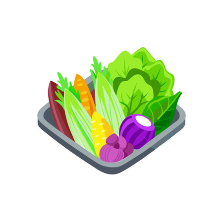 Fresh vegetable salad in gray bowl, isometric vector illustrationのイラスト素材
