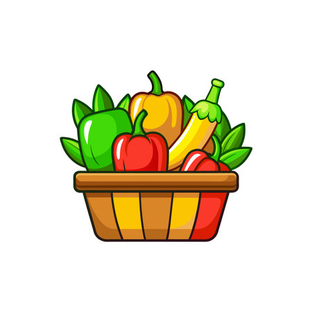 Cartoon style basket filled with fresh colorful bell peppersのイラスト素材
