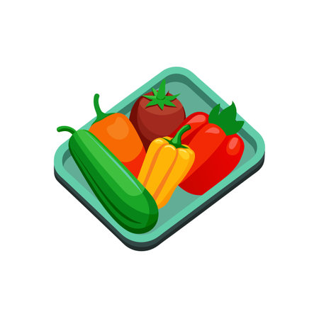 Assorted fresh vegetables on a serving tray, isometric viewのイラスト素材