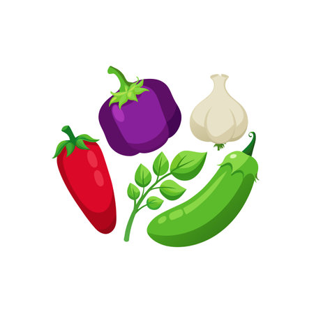 Fresh vegetable medley: peppers, eggplant, garlic, leaves on whiteのイラスト素材