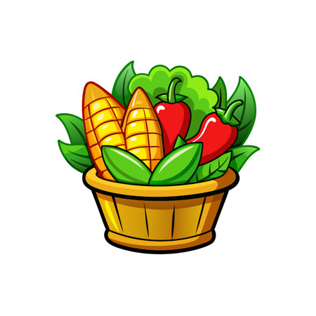 Cartoon illustration of basket full of fresh colorful vegetablesのイラスト素材