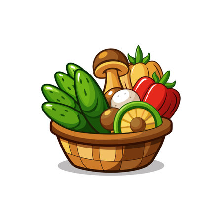 Fresh vegetables in woven basket in cartoon style illustrationのイラスト素材