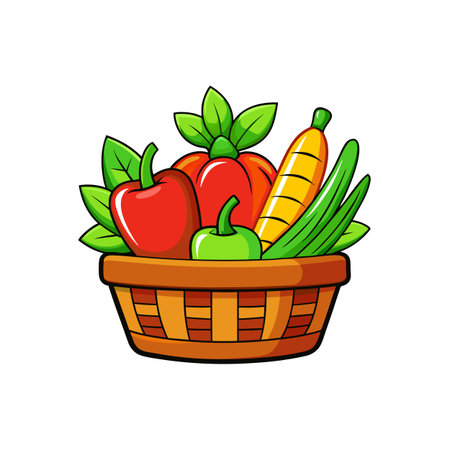 Vibrant Cartoon Vegetables in Basket, Fresh Harvest Illustrationのイラスト素材