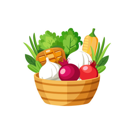 Fresh produce illustration in a wooden bowl, healthy foodのイラスト素材