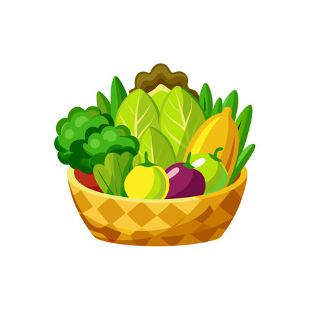 Freshly harvested vegetables in a decorative basket illustrationのイラスト素材