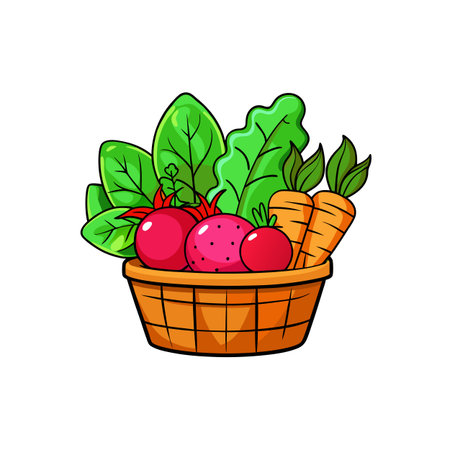 Cartoon Basket of Fresh Vegetables and Greens Illustrationのイラスト素材