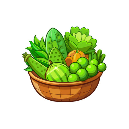 Cartoon basket full of green fruits and vegetablesのイラスト素材