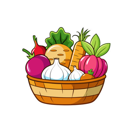 Illustration of a basket overflowing with fresh, colorful vegetablesのイラスト素材