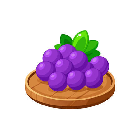 Cartoon grapes on wooden plate with leaves illustrationのイラスト素材