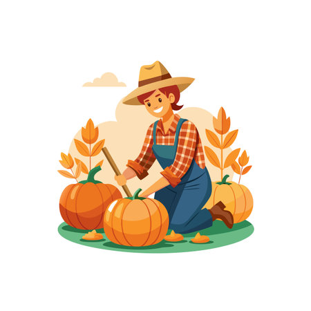 Female farmer harvesting pumpkins in an autumn garden settingのイラスト素材