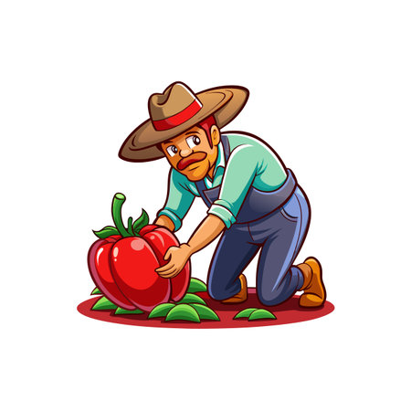 Cartoon farmer tending a giant red bell pepper plantのイラスト素材