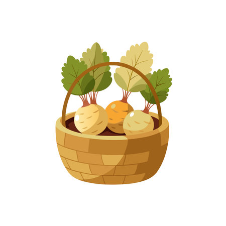 Basket of turnip vegetables, harvest from farm in flat styleのイラスト素材